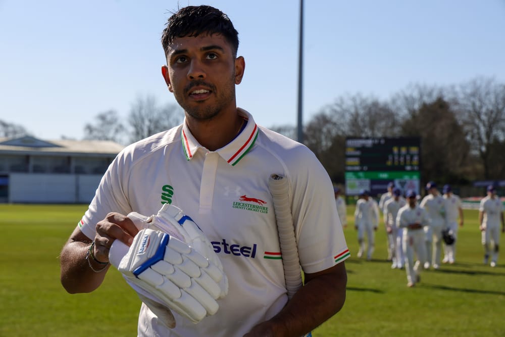 Rishi Patel leaves the field at lunch on 87 during Day 1 of  the Domestic Friendly match between Leicestershire County Cricket Club and Leeds/Bradford MCCU at  Uptonsteel Grace Rd, Leicester, UK on 18 March 2026.