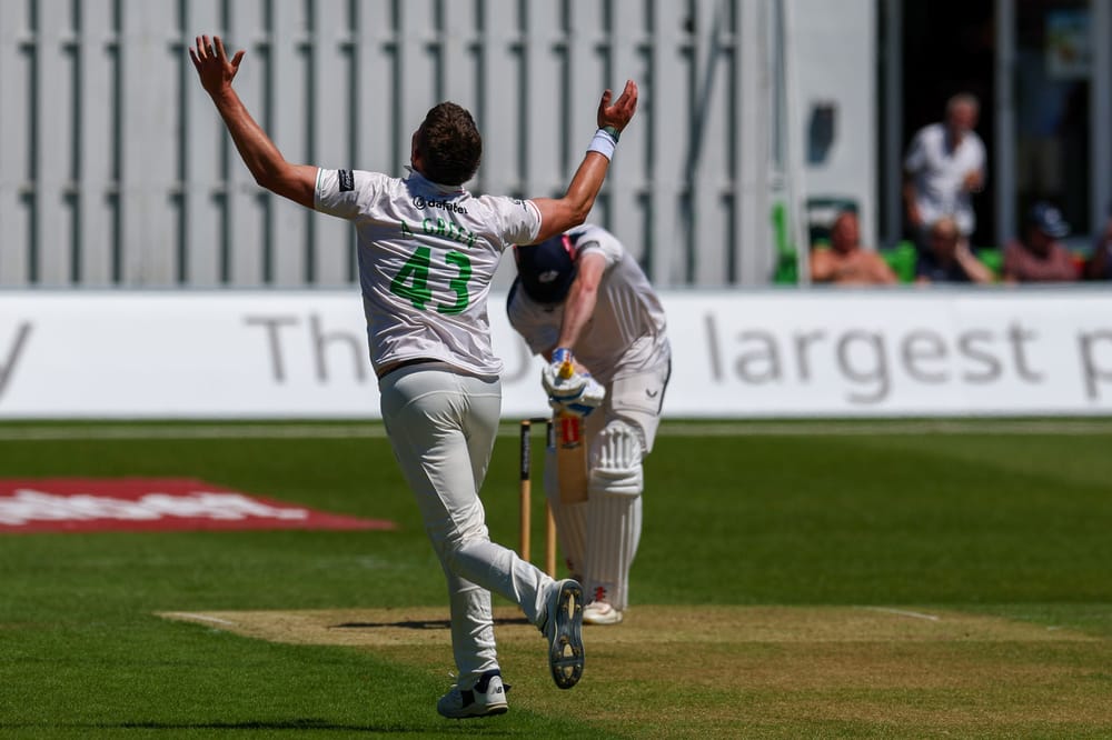 WICKET - Leicestershire's Alex Green celebrates having Matthew Revis caught behind during Day One of the Rothesay County Championship One match between Leicestershire County Cricket Club and Yorkshire County Cricket Club at the Uptonsteel Grace Rd, Leicester, UK on 19 June 2026.