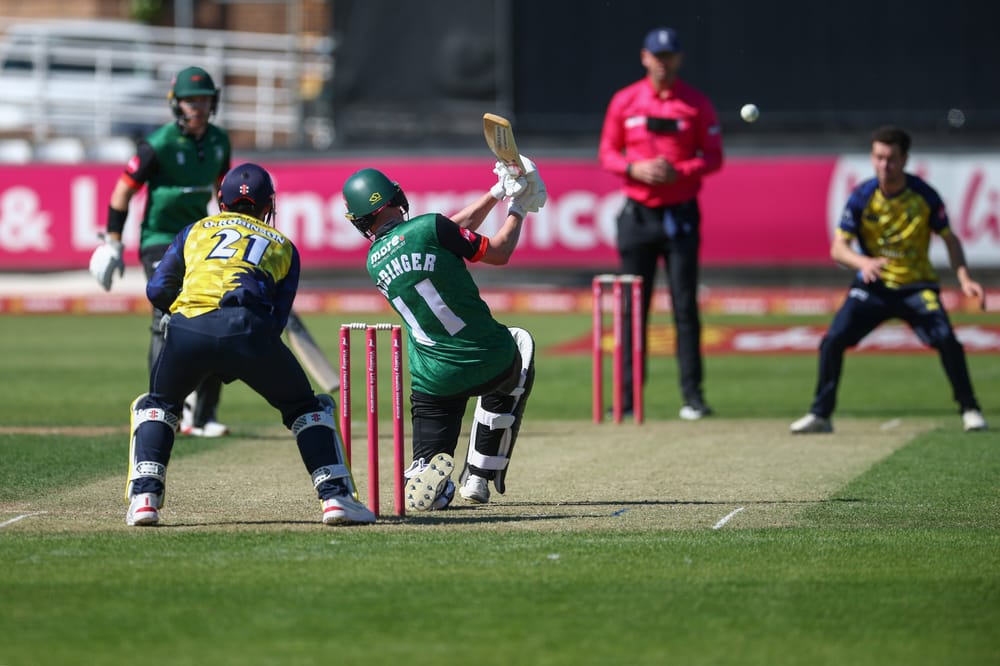 Leicestershire's Sol Budinger hits out at Nathan Sowter during the Vitality T20 Blast North Group match between Durham County Cricket Club and Leicestershire Foxes at the Banks Homes Riverside Ground, Chester-le-Street, UK on 24 May 2026.