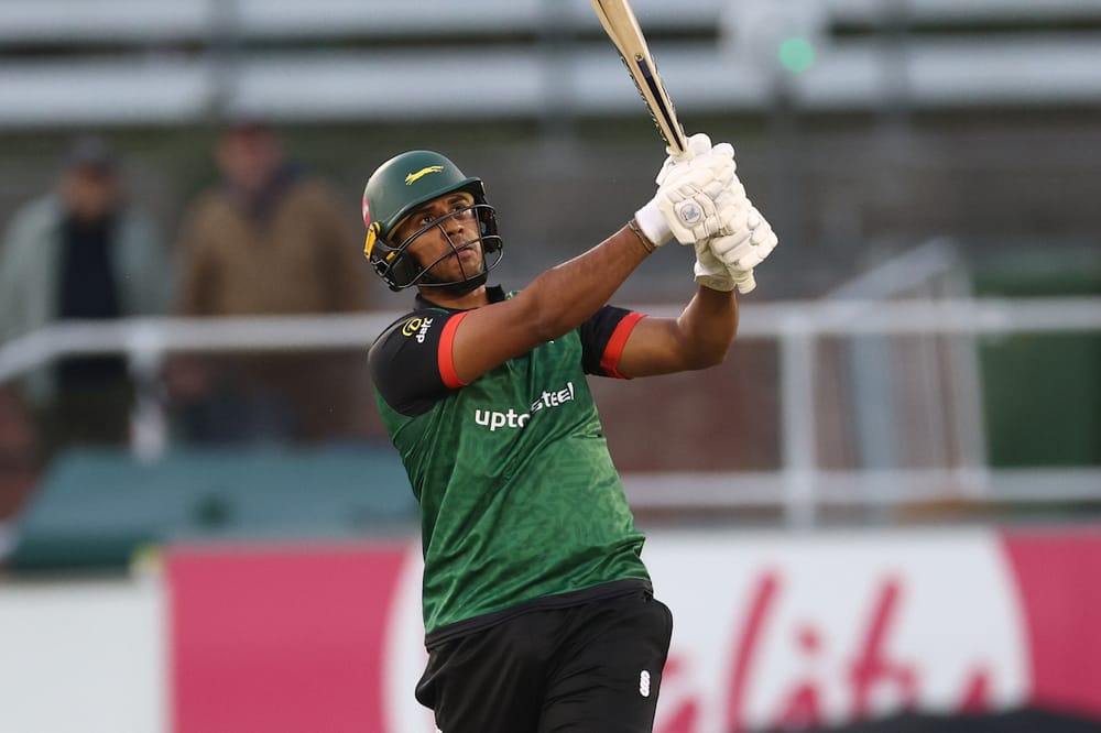 Leicestershire's Rishi Patel hits a boundary during the Vitality T20 Blast Group match between Sussex Sharks and Leicestershire Foxes at the County Ground, Hove, UK on 5 June 2026.