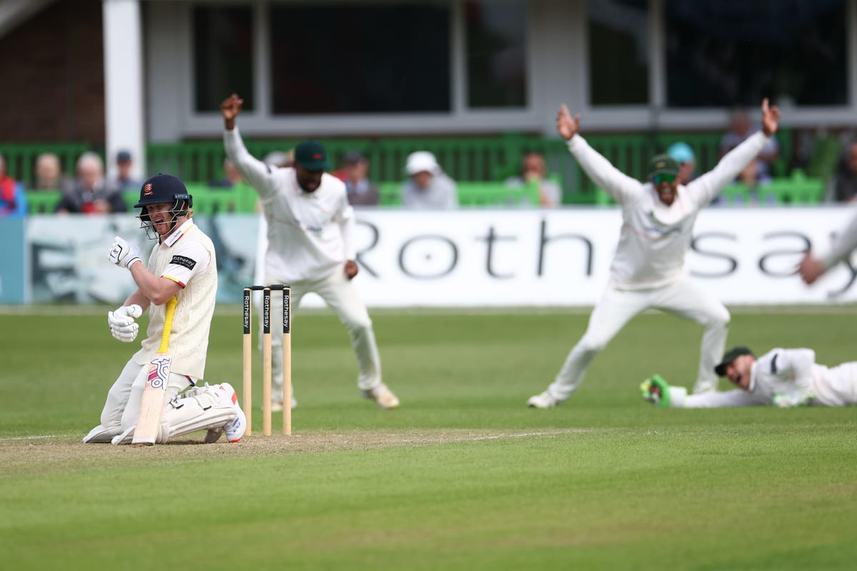 WICKET - Essex's Jordan Cox is caught by Wicketkeeper Leicestershire's Ben Cox for 204 during Day Two of the Rothesay County Championship One match between Leicestershire County Cricket Club and Essex County Cricket Club at the Uptonsteel Grace Rd, Leicester, UK on 13 June 2026.