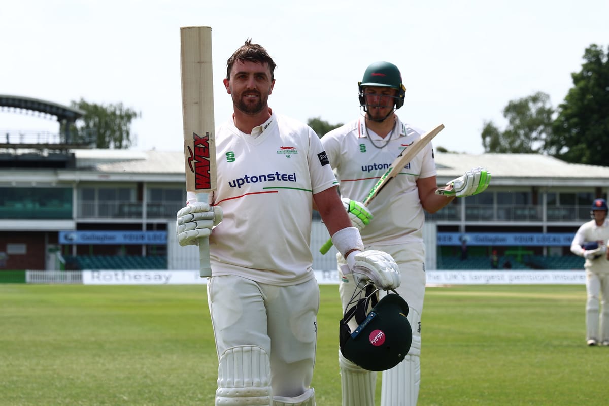 Leicestershire's Lewis Hill last man out on 127 during the final day of the Rothesay County Championship One match between Leicestershire County Cricket Club and Essex County Cricket Club at the Uptonsteel Grace Rd, Leicester, UK on 15 June 2026.