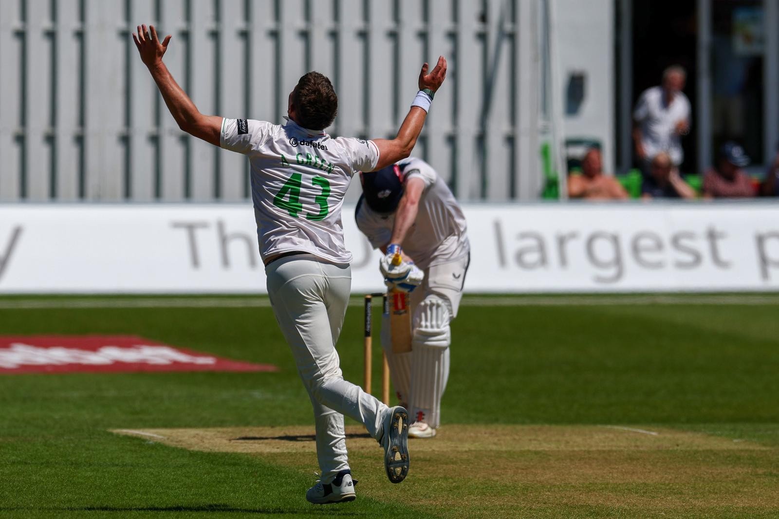 WICKET - Leicestershire's Alex Green celebrates having Matthew Revis caught behind during Day One of the Rothesay County Championship One match between Leicestershire County Cricket Club and Yorkshire County Cricket Club at the Uptonsteel Grace Rd, Leicester, UK on 19 June 2026.