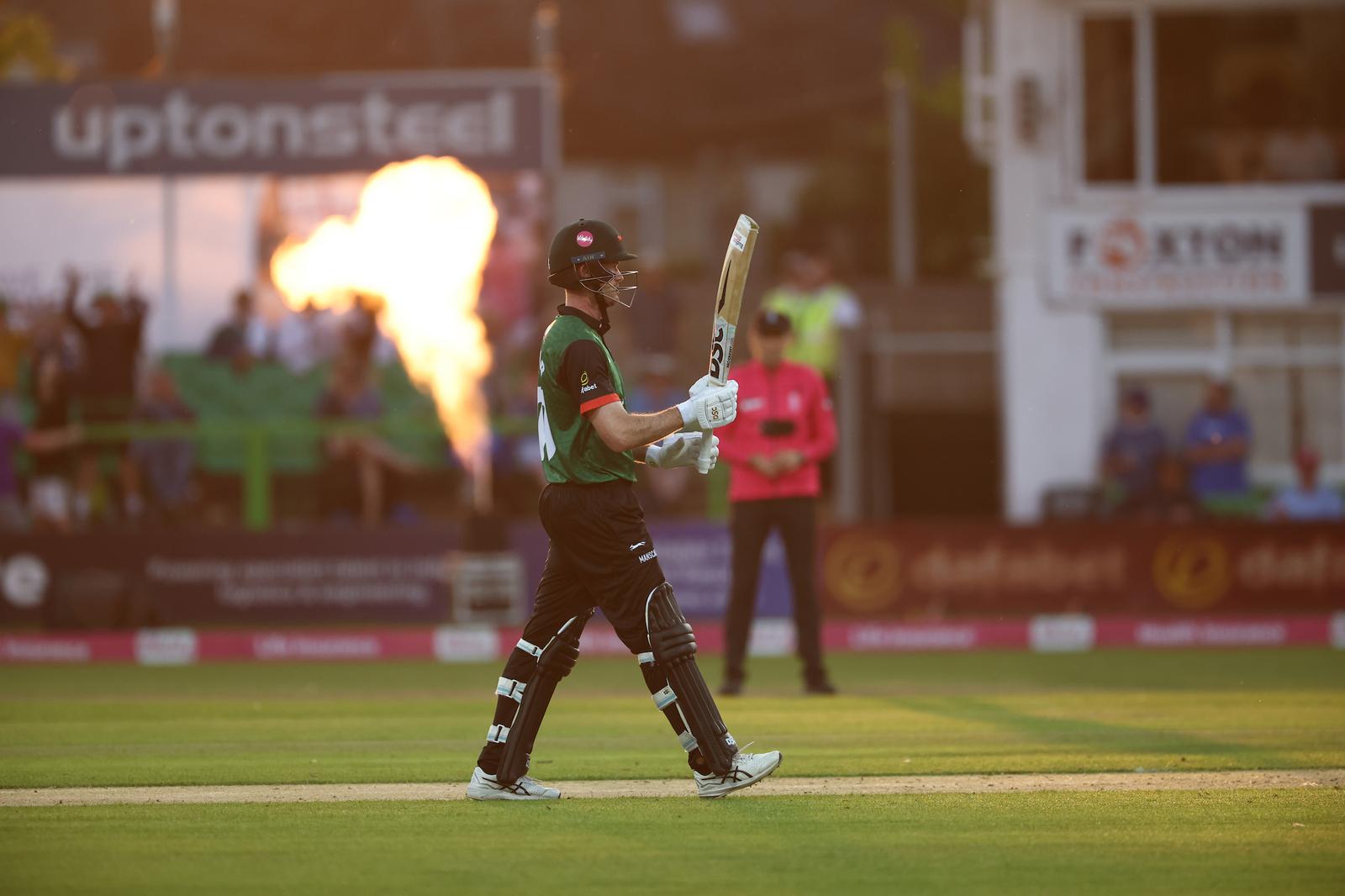 50 - Leicestershire's Ashton Turner acknowledges the crowd on reaching 50 during the Vitality T20 Blast North Group match between Leicestershire Foxes and Derbyshire Falcons at Uptonsteel Grace Rd, Leicester, UK on 27 May 2026.