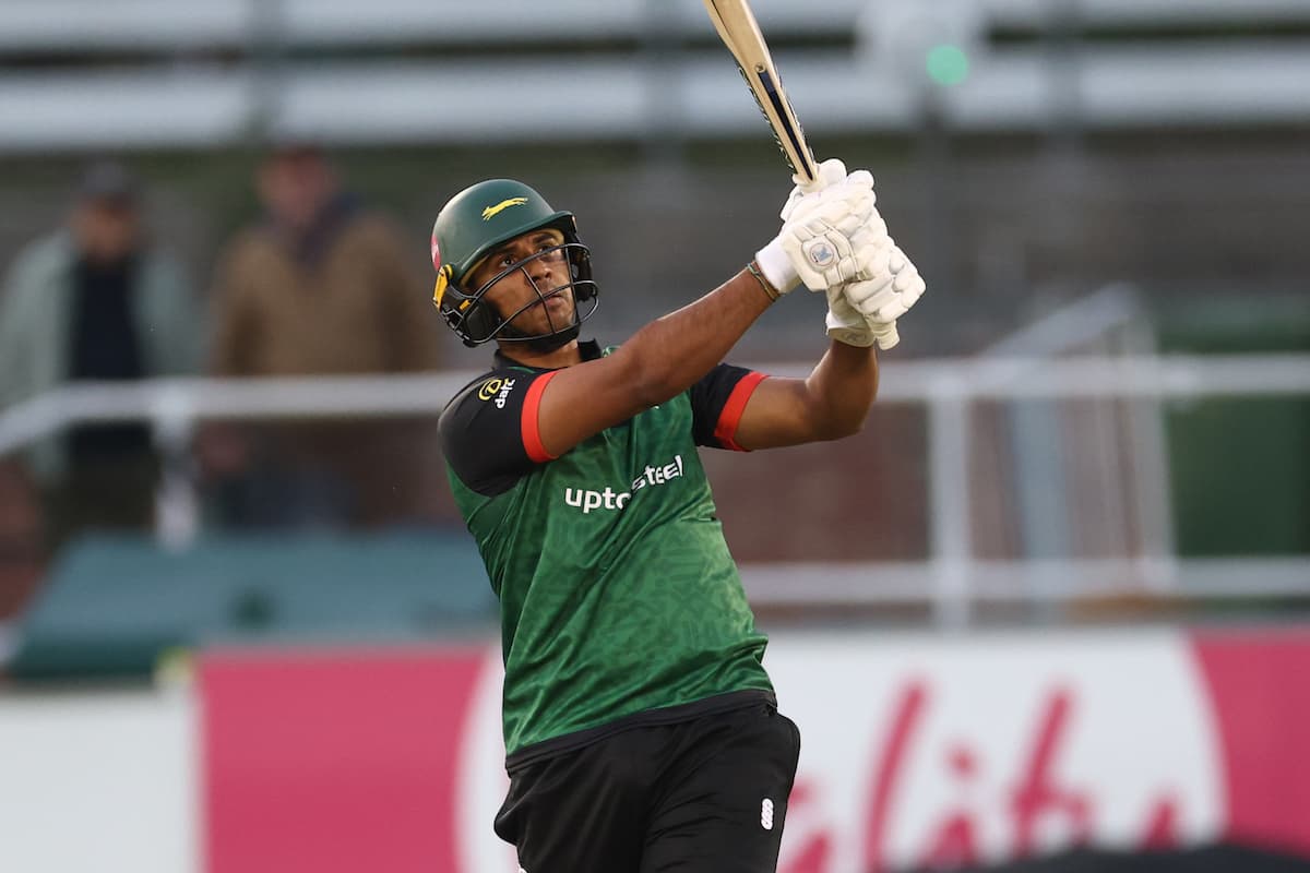 Leicestershire's Rishi Patel hits a boundary during the Vitality T20 Blast Group match between Sussex Sharks and Leicestershire Foxes at the County Ground, Hove, UK on 5 June 2026.