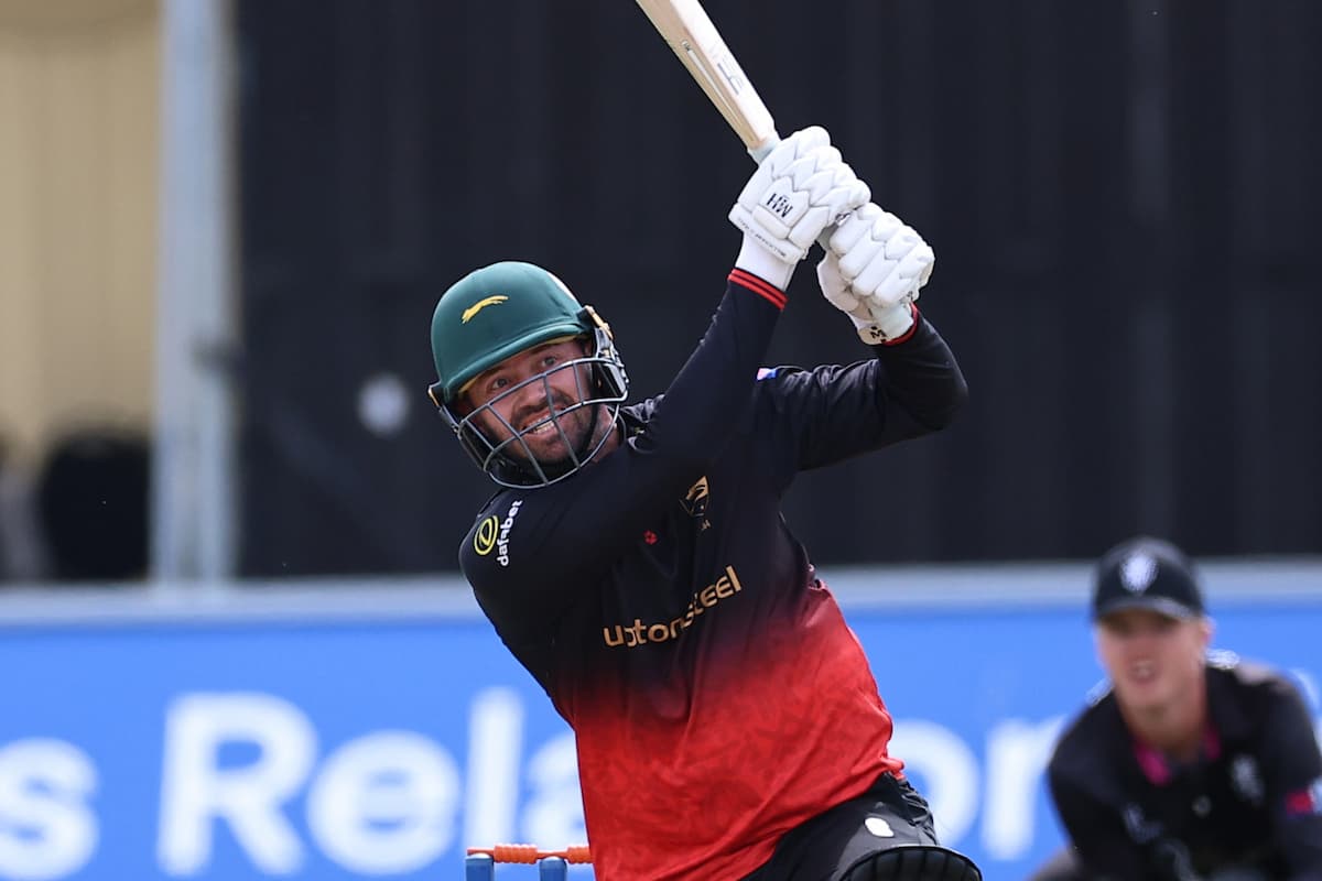 Leicestershire Foxes Ian Holland hits out during the Metro Bank 1 Day Cup Group A match between Leicestershire Foxes and Somerset County Cricket Club at the Uptonsteel County Ground, Leicester, UK on 2 August 2026.