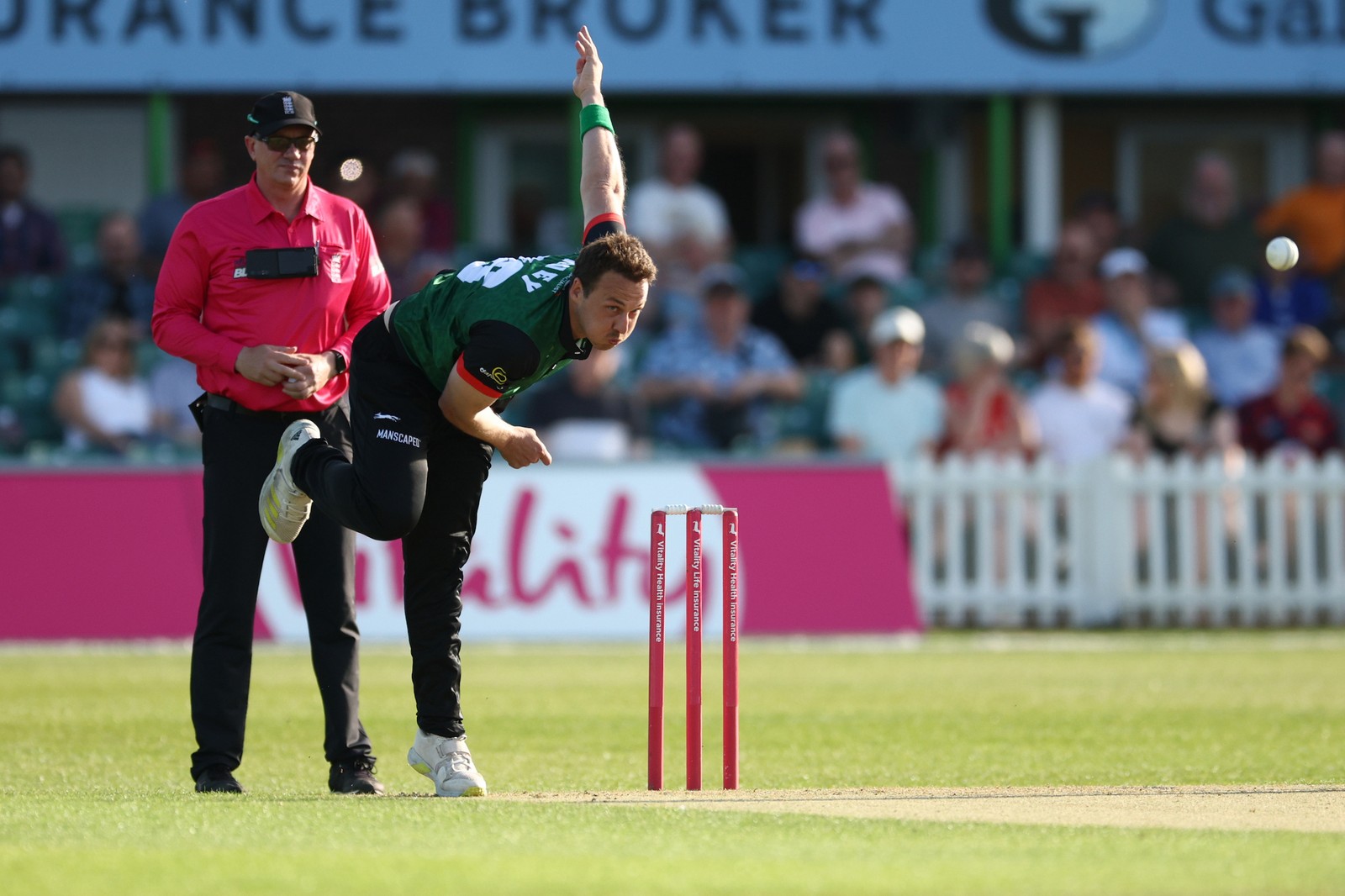 Leicestershire's Josh Davey bowling  during the Vitality T20 Blast North Group match between Leicestershire Foxes and Worcestershire Rapids at the Uptonsteel Grace Rd, Leicester, UK on 22 May 2026.