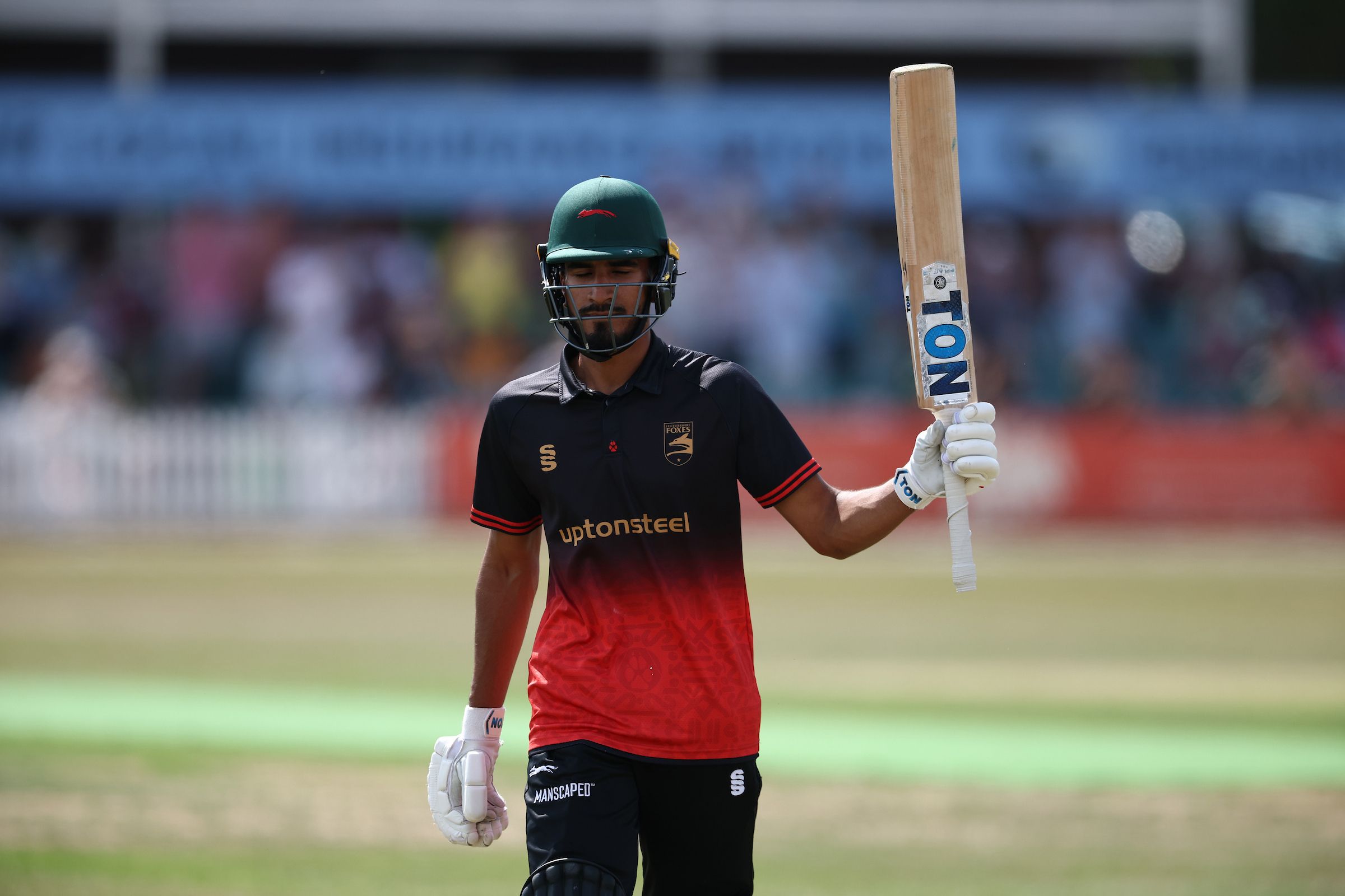 Leicestershire Foxes Hamza Shaikh leaves the field out for 104 during the Metro Bank 1 Day Cup Semi Final match between Leicestershire Foxes and Notts Outlaws at  Uptonsteel Grace Rd, Leicester, UK on 16 August 2026.
